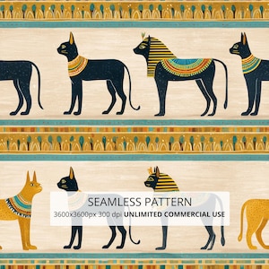 May include: A seamless pattern featuring stylized black and gold cats in profile, adorned with colorful collars and headdresses, arranged in horizontal rows with decorative borders. The text reads: SEAMLESS PATTERN 3600x3600px 300 dpi UNLIMITED COMMERCIAL USE.