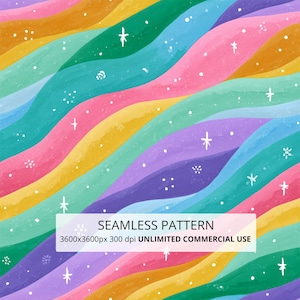 Puede incluir: Un patrón sin costuras con bandas onduladas diagonales en rosa, amarillo, verde, azul y morado con textura de acuarela. Pequeñas estrellas y puntos blancos dibujados a mano están dispersos. Texto: SEAMLESS PATTERN 3600x3600px 300 dpi UNLIMITED COMMERCIAL USE.