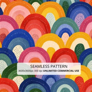 May include: A seamless pattern featuring overlapping semi-circular arches in vibrant colours including red, orange, yellow, green, blue, and pink. Each arch contains textured brushstrokes and dotted details. Text reads: SEAMLESS PATTERN 3600x3600px 300 dpi UNLIMITED COMMERCIAL USE.