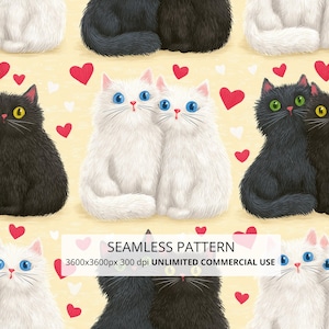 May include: A seamless pattern featuring illustrations of fluffy black and white cats with blue, green, and yellow eyes, interspersed with small red and white hearts on a light beige background. Text reads: SEAMLESS PATTERN 3600x3600px 300 dpi UNLIMITED COMMERCIAL USE.