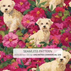 May include: A seamless pattern featuring white dogs with light brown ears and noses nestled among vibrant pink and magenta flowers with green leaves. The image includes the text: SEAMLESS PATTERN 3600x3600px 300 dpi UNLIMITED COMMERCIAL USE.