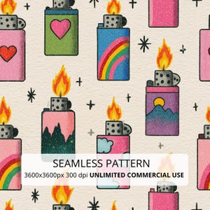 Puede incluir: Un patrón continuo que presenta varios encendedores rectangulares con llamas encendidas, decorados con diseños coloridos que incluyen corazones, arcoíris, montañas y nubes, intercalados con pequeñas estrellas negras sobre un fondo beige claro.