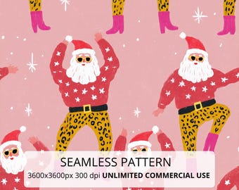 Peut inclure: Un motif répétitif représentant des pères Noël dansants sur un fond rose. Chaque père Noël porte un pull rouge à étoiles blanches, une ceinture noire, un pantalon à motif léopard et des bottes roses. Texte : SEAMLESS PATTERN 3600x3600px 300 dpi UNLIMITED COMMERCIAL USE.