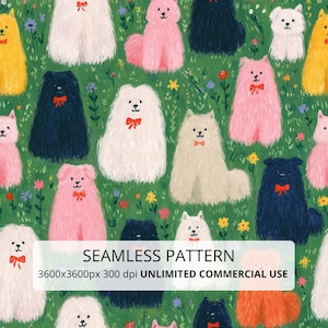 May include: A seamless pattern featuring illustrated fluffy dogs in white, pink, black, and yellow, each wearing a small bow, set against a green background with small flowers. Text reads: SEAMLESS PATTERN 3600x3600px 300 dpi UNLIMITED COMMERCIAL USE.