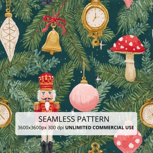 Nahtloses Nussknacker-Weihnachtsmuster | Digitales Papier für Vintage-Ornamente zum Sublimationsdruck | Festlicher Stoffdruck | Kommerzielle Nutzung