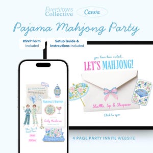 Pode incluir: Design de convite digital para uma festa Pajama Mahjong. O design inclui um smartphone exibindo detalhes do convite, um envelope com um laço e o texto "LET'S MAHJONG!" Formulário RSVP e guia de configuração incluídos.