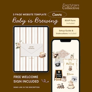 Może przedstawiać: Cyfrowy szablon strony internetowej z tekstem "Baby is Brewing" wyświetlanym na tablecie i smartfonie. Projekt zawiera akwarelowe ilustracje filiżanek do kawy, róż i misia. Szablon zawiera formularz RSVP i przewodnik konfiguracji.