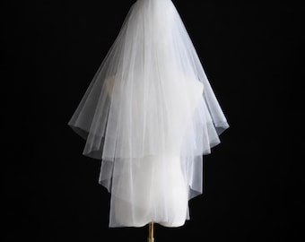 Two-Tier Soft Tulle Wedding Veil with Blusher – Raw Edge Bridal Veil White Ivory Cream