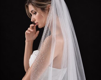 Crystal Cathedral Wedding Veil Rhinestone Edge Soft Tulle Long Bridal Veil with Comb White Ivory Sparkly Wedding Hair Accessory for Bride
