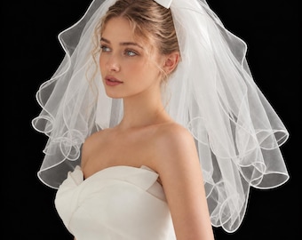 Wedding Veil with Comb Two Tier Soft Tulle Satin Bow Short Bridal Veil Wavy Edge Blusher Romantic Wedding Hair Accessory for Modern Bride