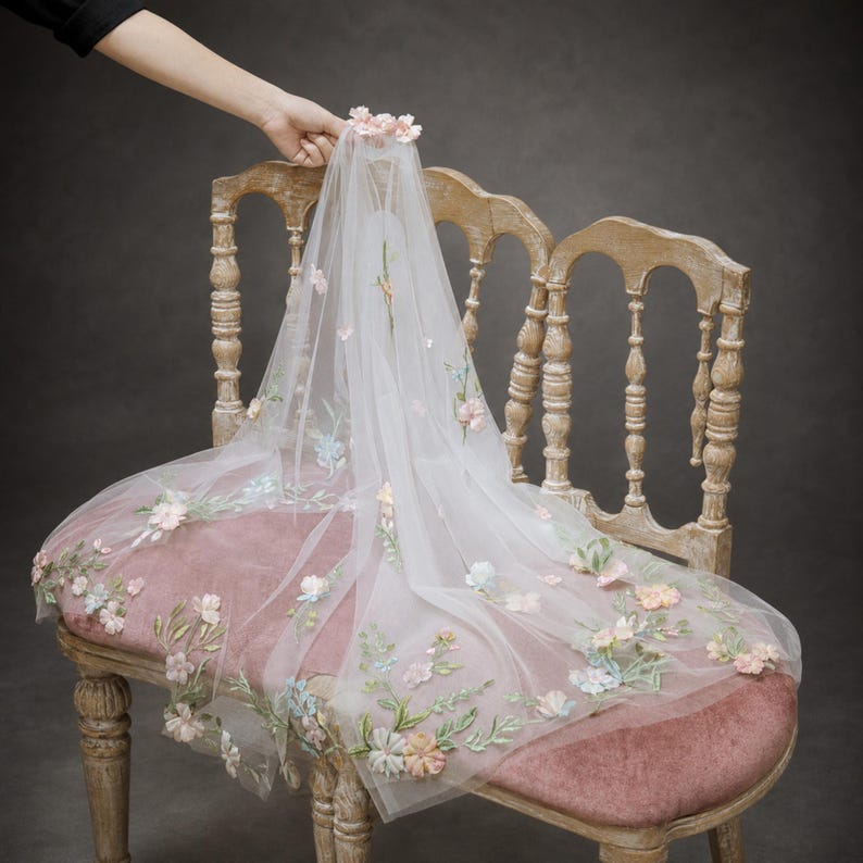 May include: A sheer white veil featuring delicate floral embroidery in shades of pink, blue, and green. The fabric is adorned with small, three-dimensional fabric flowers scattered across the surface, with a cluster of flowers at the top crown.