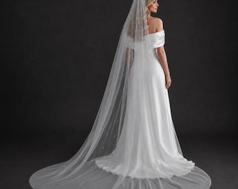 Pearl Wedding Veil with Comb Cathedral Length Soft Tulle Scattered Pearls Raw Edge Long Bridal Veil Custom Size White Ivory Bridal Accessory