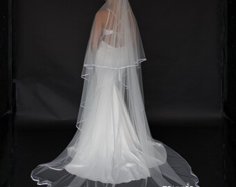 Satin Edge Wedding Veil with Comb Soft Tulle Two Tier Cascade Blusher Cathedral Chapel Royal Length Bridal Veil White Ivory Cream for Bride