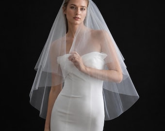 Wedding Veil with Comb Soft Tulle Two Tier Blusher Raw Edge Custom Length Cathedral Chapel Fingertip Bridal Veil White Ivory Cream for Bride