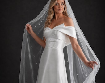 Pearl Wedding Veil with Comb Cathedral Length Soft Tulle Scattered Pearls Raw Edge Long Bridal Veil Custom Size White Ivory Bridal Accessory