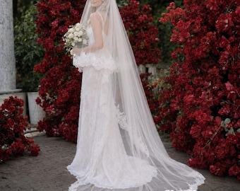 Long Lace Cathedral Wedding Veil with Blusher Two Tier Floral Lace Bridal Veil with Comb Optional Personalized Embroidery for Bride