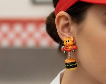 Fox & Hamburger Clip On Dangle Earrings - Quirky Kawaii Food Jewelry - Funny Quirky Earrings - Handmade in Japan - Fox Earrings Burger