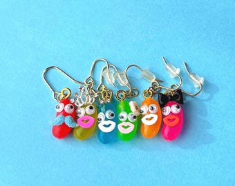 Jelly Bean Kingdom Earrings | Quirky Japanese Handmade Accessories | Kawaii Weird Character Jewelry | Funny Gift Japan