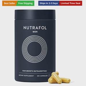 May include: A dark blue cylindrical bottle of Nutrafol Men hair growth nutraceutical dietary supplement. The bottle has a white circular design and the text "NUTRAFOL MEN". 120 capsules are shown next to the bottle.
