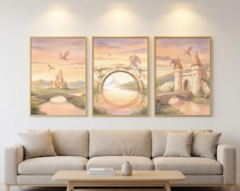Fourth Wing Wall Art Set of 3, Pastel Dragon Castle Prints, Bookish Romantasy, Digital Download