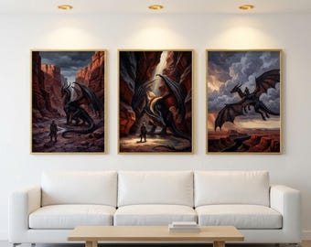 Fourth Wing Wall Art Set of 3, Dragon Rider Prints, Fantasy Artwork, Romantasy Decor, Bookish Gift, Digital Download