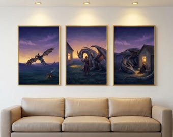 Fourth Wing Wall Art Set of 3, Fantasy Dragon Prints, Romantasy Decor, Bookish Gallery Wall, Dark Fantasy Artwork, Digital Download