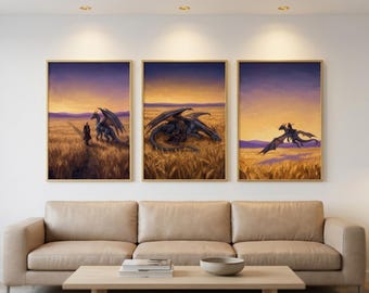 Fourth Wing Wall Art Set of 3, Dragon Rider Prints, Dragon Decor, Basgiath War College Decor, Bookish Gallery Wall, Digital Download