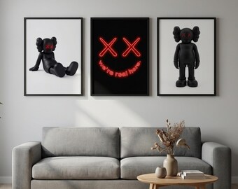 KAWS Poster Set of 3, Hypebeast Wall Art, Graffiti Wall Art, Pop Art, Printable Wall Art, Triptych Decor, Digital Download