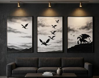 Fourth Wing Wall Art Set of 3, Dragon Rider Prints, Dragon Decor, Bookish Decor, Romantasy Art, Fantasy Wall Art, Digital Download