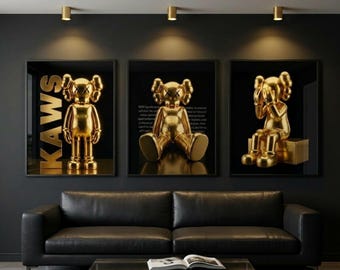 KAWS Poster Set of 3, Hypebeast Decor, Graffiti Wall Art, Gold Pop Print, Pop Street Art Printable, KAWS Wall Art, Digital Download Wall Art