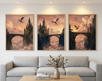 Fourth Wing Poster Set of 3, Dragon Decor, Basgiath War College, Romantasy Wall Art, Bookish Gift, Digital Products
