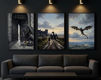 Fourth Wing Wall Art Set of 3, Dragon Rider Prints, Dragon Castle Decor, Basgiath War College, Bookish Romantasy, Digital Download