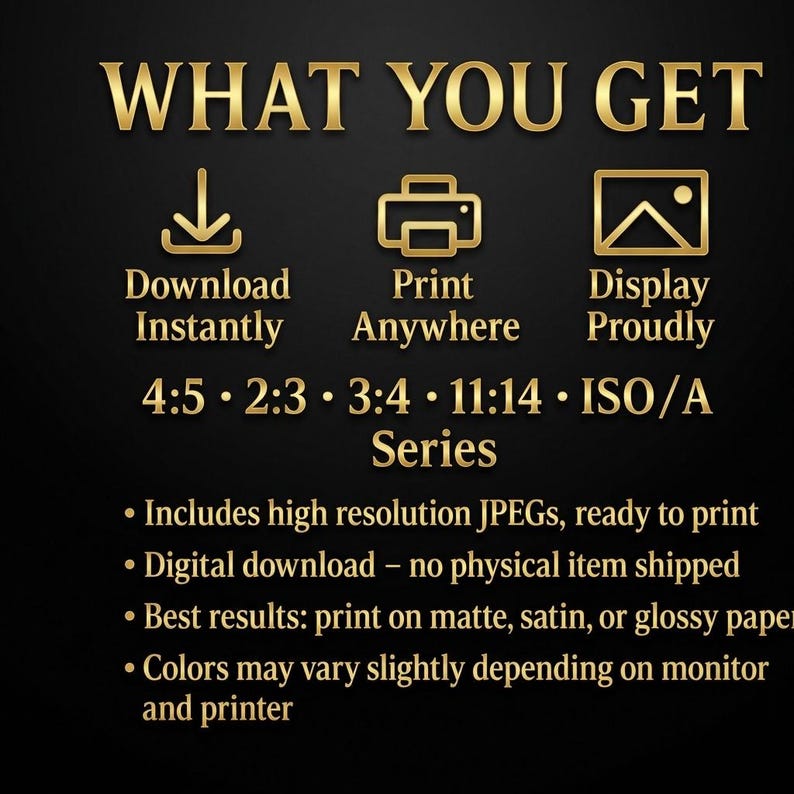 May include: Gold text on a black background reads "WHAT YOU GET" with icons for download, print, and display. It lists various aspect ratios and includes details about high-resolution JPEGs, digital downloads, and printing on different paper types.