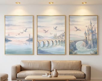 Fourth Wing Wall Art Set of 3, Dragon Castle Prints, Fantasy Bookish Decor, Basgiath War College, Romantasy, Digital Download