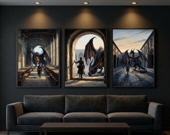 Fourth Wing Wall Art Set of 3, Dragon Rider Prints, Basgiath War College Decor, Bookish Romantasy, Fantasy Artwork, Digital Download