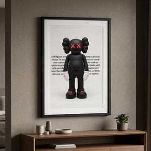 May include: A framed art print featuring a black KAWS figure with red X eyes and feet, and white gloves. The figure is standing in front of a white background with black text. The frame is black.