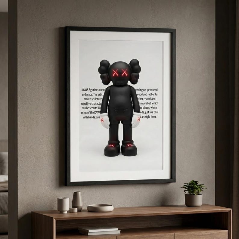 May include: A framed art print featuring a black KAWS figure with red X eyes and feet, and white gloves. The figure is standing in front of a white background with black text. The frame is black.