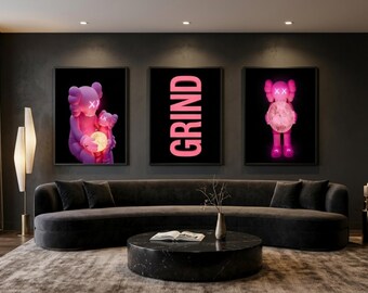 KAWS Wall Art Set of 3, Hypebeast Decor, Graffiti Wall Art, Pop Street Art, Printable Modern Wall Art, Digital Download