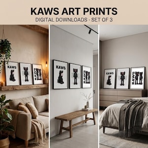 May include: Set of three framed KAWS art prints. Each print features a black KAWS character with white and black details, set against a white background. The word "KAWS" is printed in bold black letters at the top of each frame.