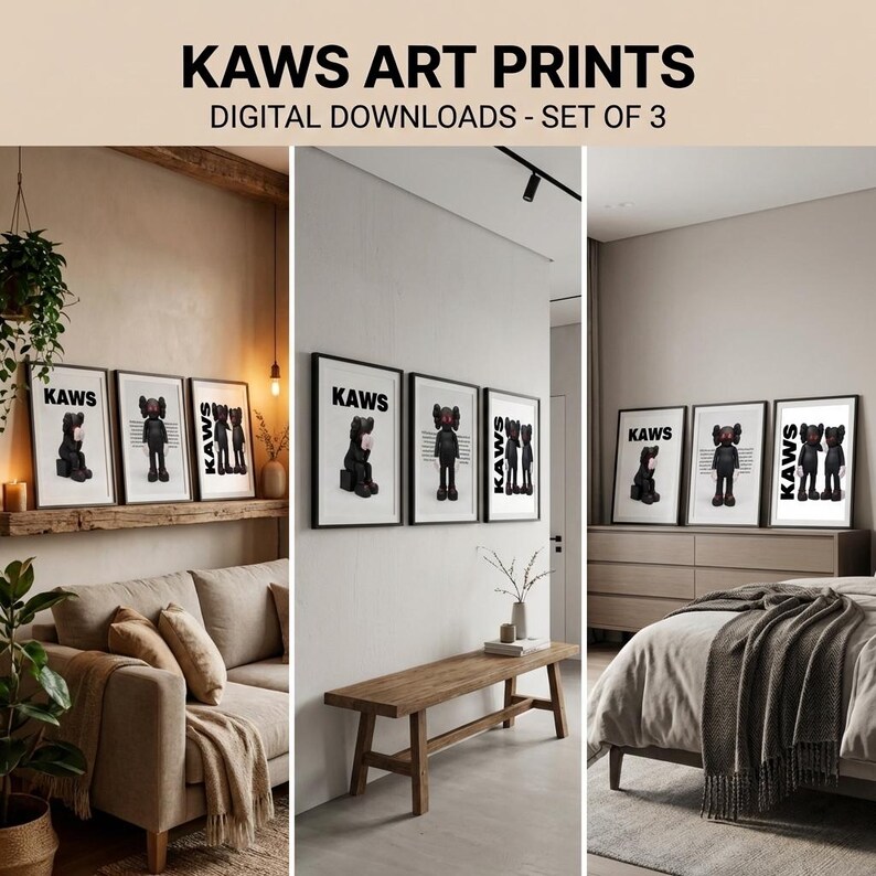 May include: Set of three framed KAWS art prints. Each print features a black KAWS character with white and black details, set against a white background. The word "KAWS" is printed in bold black letters at the top of each frame.