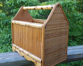 Rattan Magazine Rack, Tortoise Shell Bamboo Storage Basket, Vintage Magazine Holder, Retro Boho Wicker, Patio Porch Decor, Gift Idea