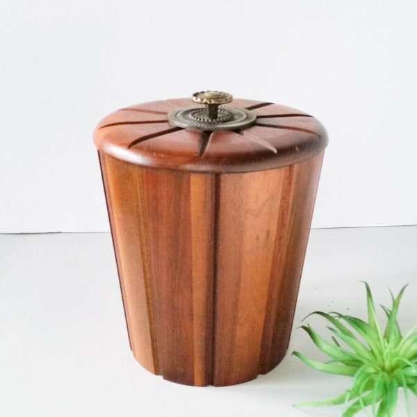 Mid Century Modern Walnut Ice Bucket, Retro Danish Modern Vermillion, Vintage Atomic Style Barware