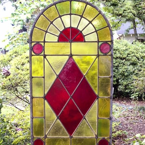 Vintage Stained Glass Panel, Large Arched Geometric, Unframed 34 x 18 Inches, Red Yellow Green Slag Glass, Mother&#39;s Day Gift