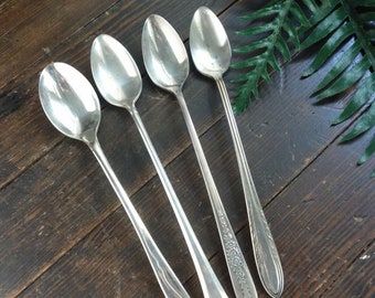 Vintage Mismatched Silverplate Iced Tea Spoons, Set of 4 Mixed Silverware Set, Retro Flatware, Vintage Mid Century, Eclectic