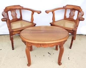 Vintage Lyre Back Cane Seat Arm Chairs and Side Table, Petite Anglo Indian Colonial Captains Chair, Table and Chair Set