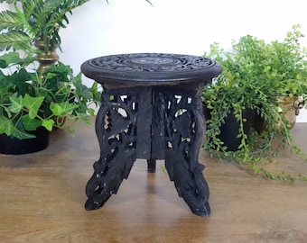 Carved Wood Folding Plant Stand, Vintage Boho Bohemian Riser, Photography Prop, 7 Inches
