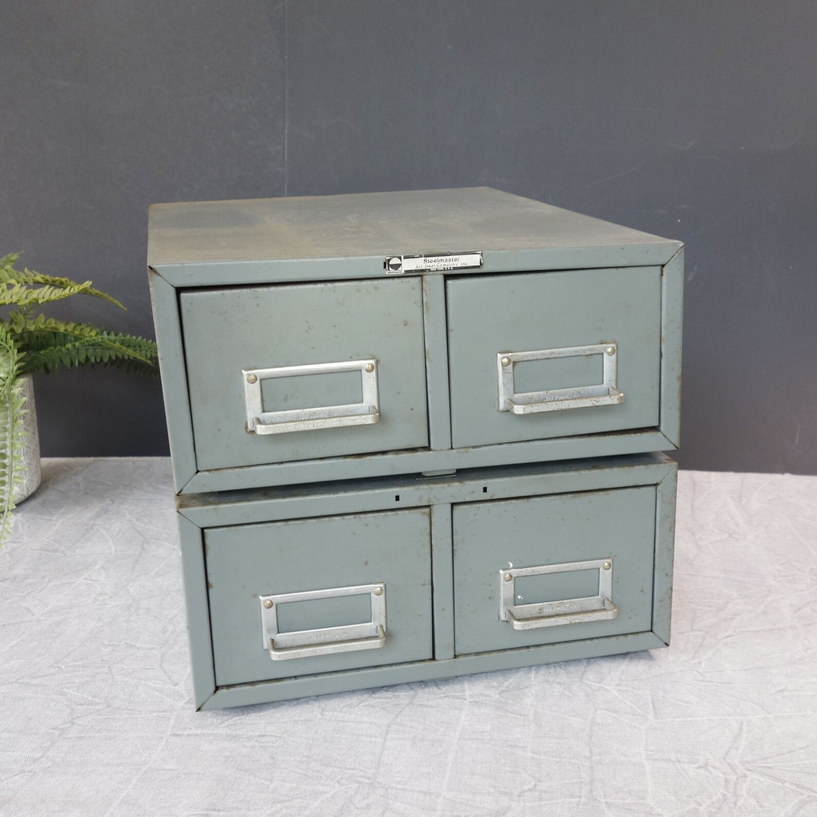 Industrial Metal Card File Box, Gray Two Drawer Stacking, Art Steel ...