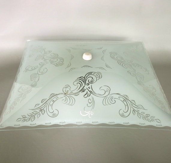 Vintage Ceiling Light Fixture Glass Shade Mid Century Retro White Square Scalloped Glass Replacement