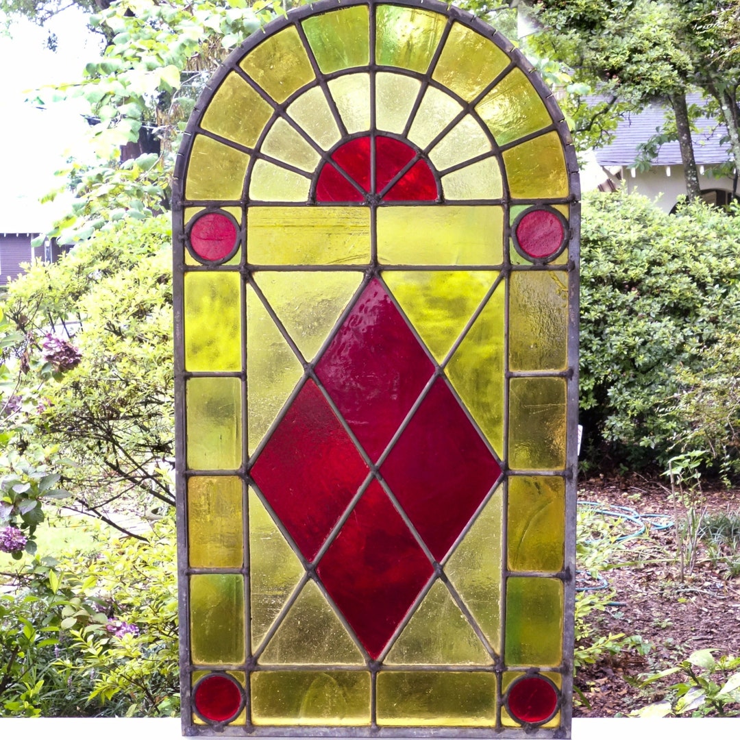 Vintage Stained Glass Panel, Large Arched Geometric, Unframed 34 X 18