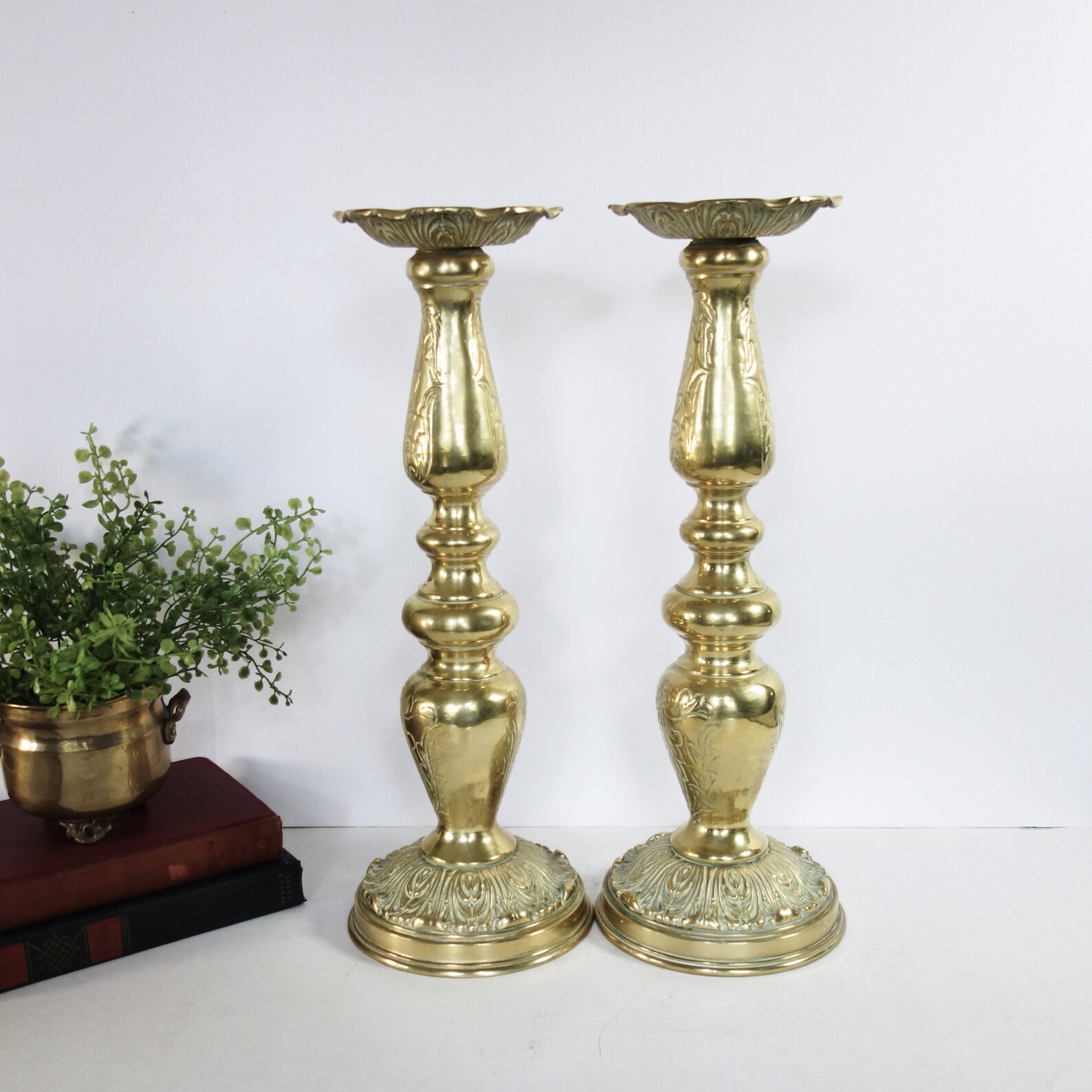 Pair Large Brass Pillar Candlesticks Vintage Ornate Heavy 16 Etsy